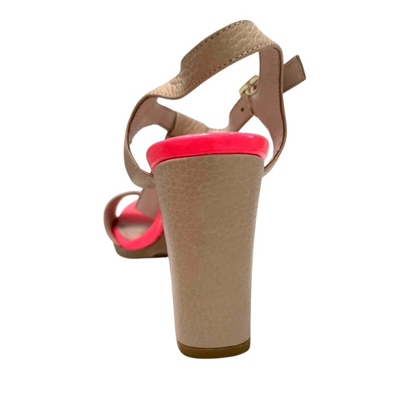 VINCE CAMUTO BEIGE & HOT PINK NOVASI BLOCK HEEL T STRAP SANDAL - Picture 2 of 16